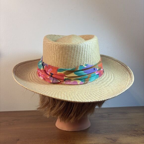 Vintage Straw Fedora Panama Hat Floral Scarf Band Wide Brim Summer Beach main image 6